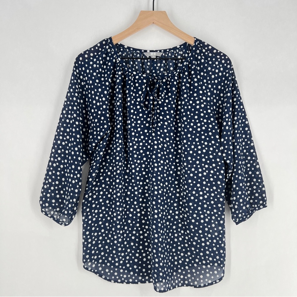 Uniqlo Navy Sheer Chiffon Polka Dot 3/4 Sleeve Tie Neck Women's Top Size S
